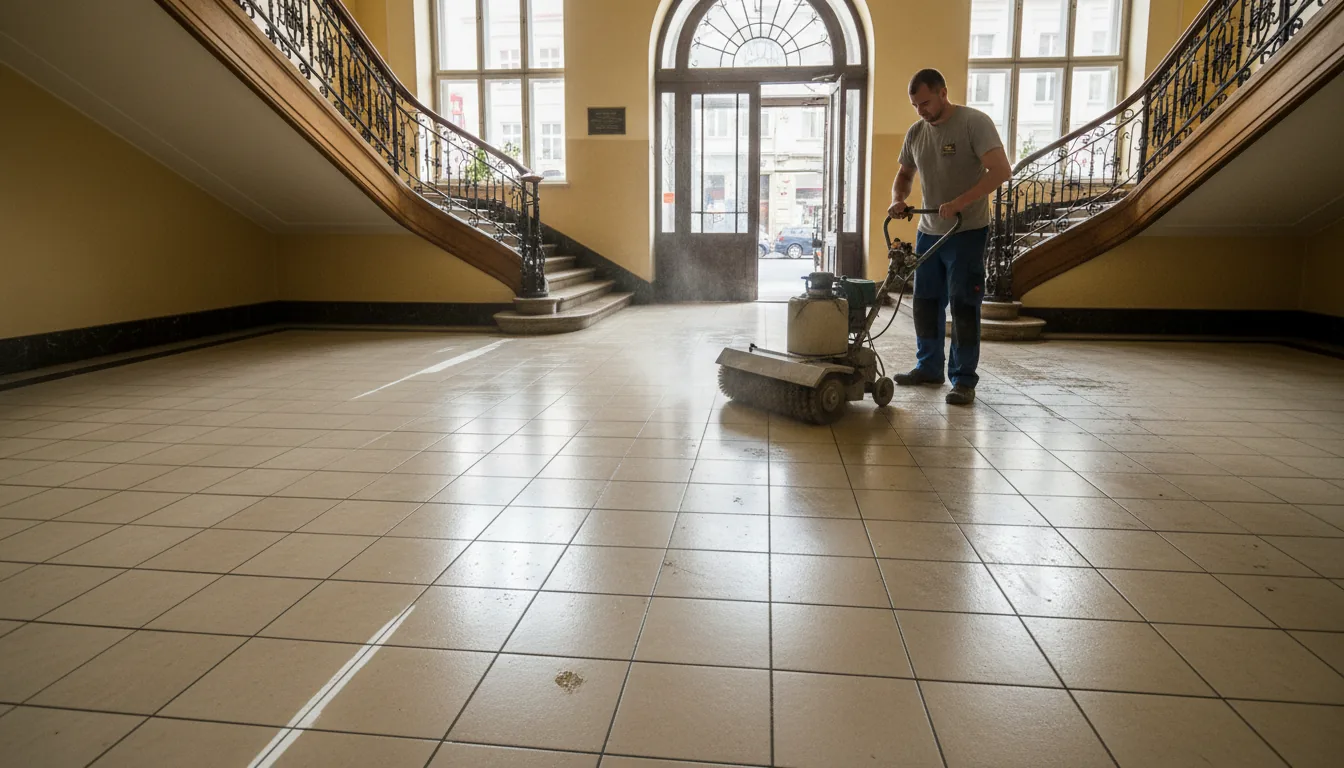 Čištění dlažby a kamene Praha – strojové čištění kamenné podlahy a spár